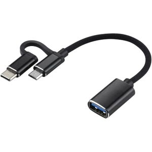 USB 3.0 Female to Micro USB + USB-C / Type-C Male Charging + Transmission OTG Nylon Gevlochten Adapterkabel  Kabellengte: 11cm(Zwart)