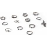 13 stks/set Overdreven Serpentine Bloem Liefde Geometrische Gezamenlijke Ring (SKU5932 Zilver)