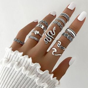 13 stks/set Overdreven Serpentine Bloem Liefde Geometrische Gezamenlijke Ring (SKU5932 Zilver)