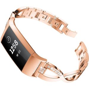 X-vormige diamant-bezaaid metalen stalen polsband horloge band voor Fitbit charge 3 (Rose goud)