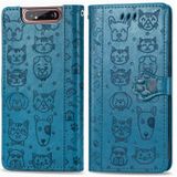 Voor Galaxy A80/A90 Cute Kat en Hond relif horizontale flip lederen zaak met beugel / kaartsleuf / portemonnee / Lanyard (Blauw)