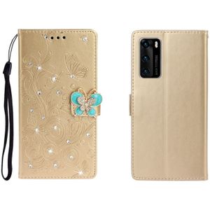 Voor Huawei P40 Horizontaal Strass vlinder in relif lederen koffer met kaartslot & portemonnee & houder(Goud)