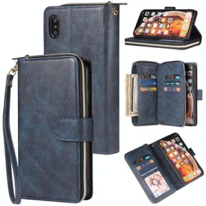 Voor iPhone X / XS Zipper Wallet Bag Horizontale Flip PU Lederen case met Houder & 9 Card Slots & Wallet & Lanyard & Photo Frame(Blauw)
