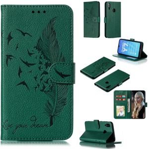 Feather patroon Litchi textuur horizontale Flip lederen draagtas met portemonnee & houder & kaartsleuven voor Huawei Y7 (2019) (groen)