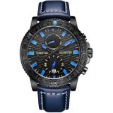 Ochstin 6045A multifunctioneel quartz lichtgevend echt leer herenhorloge (zwart + blauw)