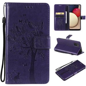 Tree & Cat Pattern Pressed Printing Horizontal Flip PU Leather Case with Holder & Card Slots & Wallet & Lanyard For Samsung Galaxy A03s(Purple)