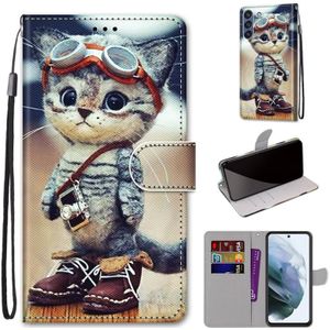 Voor Samsung Galaxy S21 FE gekleurde tekening cross textuur horizontale flip PU lederen hoesje met houder  kaart slots & portemonnee &lanyard (lederen schoenen kat)