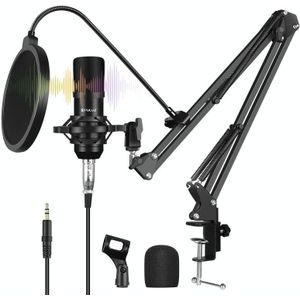 PULUZ condensator microfoon studio uitzending professionele zingen microfoon kits met ophanging schaar arm metalen schok mount & USB-geluidskaart (zwart)