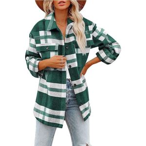 Revers lange mouwen flanel check shirt losse casual vest jack voor dames (kleur: groen formaat: s)