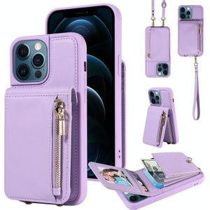 Voor iPhone 12 Pro Max Crossbody Lanyard Rits Portemonnee Lederen Telefoonhoes(Paars)