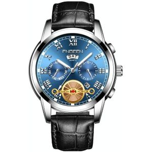 FNGEEN 4001 Heren niet-mechanisch horloge multi-functie Quartz Horloge  kleur: Zwart lederen wit stalen blauw oppervlak