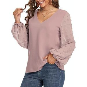 V-hals chiffon wollen bal decoratieve lange mouw blouse (kleur: roze maat: L)
