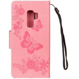 Voor Galaxy S9 PLUS Vintage relif bloemen vlinder patroon horizontale Flip lederen draagtas met kaartslot & houder & portemonnee & Lanyard(Pink)
