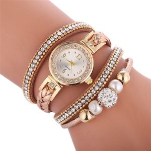 Duoya D249 geweven twisted parels ronde analoge Quartz pols armband horloge voor dames (beige)