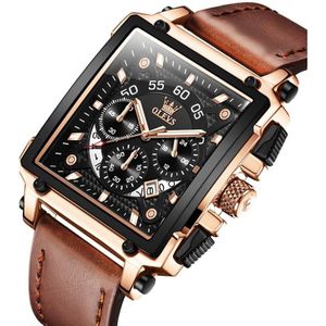 OLREVS 9919 vierkante wijzerplaat chronograaf lichtgevende quartz horloge voor mannen (bruin lederen rose shell zwart oppervlak)