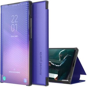 Voor Samsung Galaxy Note20 Koolstofvezel Textuur Bekijk Tijd Horizontale Flip Leren Case met Houder & Touch Call Display ID (Purple)
