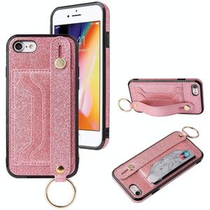 Glitter Powder PU+TPU Shockproof Beschermhoes met houder & kaartslots & polsbandje voor iPhone SE 2020 / 8 / 7(Roze)