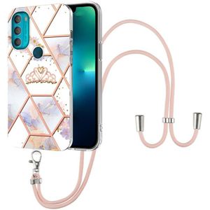 For Motorola Moto G71 5G Splicing Marble Flower Pattern TPU Phone Case with Lanyard(Imperial Crown)