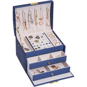 Drie-laags lederen lade type sieraden opbergdoos oorbellen doos met slot (marineblauw)