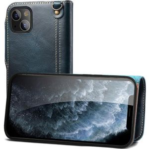 Voor iPhone 14 Plus Denior Oil Wax Koeienhuid Magnetische Knop Lederen Case (Donkerblauw)