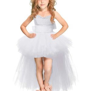 Witte meisjes Lace Sling jurk mesh Tutu partij jurk  KId grootte: 7-9 leeftijd (120-140cm)