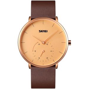 SKMEI 9213 Simple Dcale Stopwatch Dial Lederen band Quartz horloge (Rose Gold Gold)