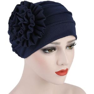 Solid Color Side Flower Turban Hat Women Confinement Hat  Size:Adjustable(Navy)