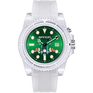 SANDA 6078 Fluorescent Calendar Dial Transparent Strap Quartz Watch for Women(Transparent White Belt Green Surface)