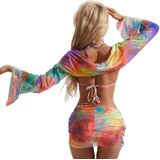 Rainbow Tie-Dye vierdelig badpak lange mouwen zonnebrandcrme rok strandbikini met trekkoord  maat: S (fluorescerend groen)