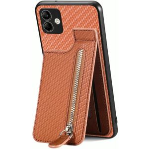 Voor Samsung Galaxy A04 4G Koolstofvezel Verticale Flip Rits Portemonnee Telefoon Case(Bruin)