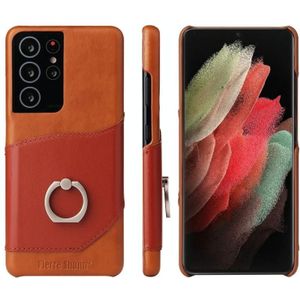 Voor Samsung Galaxy S21 Ultra 5G Fierre Shann Oil Wax Texture Genuine Leather Back Cover Case met 360 Graden Rotatiehouder & Kaartsleuf (Bruin)