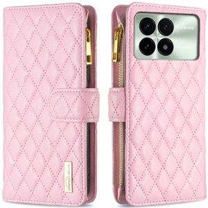 Voor Xiaomi Redmi K70E Diamond Lattice Rits Portemonnee Lederen Flip Telefoonhoesje (Roze)