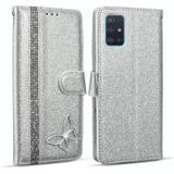 Voor Samsung Galaxy A71 Glitter Poeder Vlinder Lederen Telefoonhoes (Zilver)