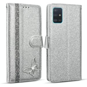 Voor Samsung Galaxy A71 Glitter Poeder Vlinder Lederen Telefoonhoes (Zilver)