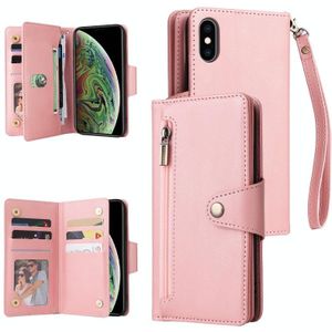 Klinknagel gesp 9 kaarten Drie vouw leren telefooncase voor iPhone XS MAX (ROSE GOUD)