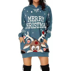 Vrouwen Kerst Elk Print Lange Mouwen Sweatshirt Jurk (Kleur: Blauw Maat: M)