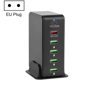 6 in 1 65W PD USB-C / Type-C + QC 3.0 USB + 4 USB Multi-port Travel Charger  EU Plug (Zwart)