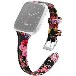 Voor Fitbit Versa 2 Smart Watch Echte Lederen Polsband Watchband  Shrink Version (Pink Flower)