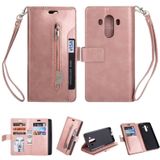 Voor Huawei Mate 10 Pro Multifunctionele Rits Horizontale Flip Lederen Case met Holder & Wallet & 9 Card Slots & Lanyard(Rose Gold)