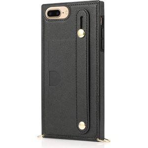 Voor iPhone 8 Plus / 7 Plus PolsbandJE PU+TPU Schokbestendige beschermhoes met Crossbody Lanyard & Holder & Card Slot(Zwart)