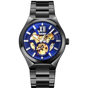 SKMEI 9258 heren twee-kleuren rvs riem automatisch mechanisch horloge (zwart shell blauw oppervlak)