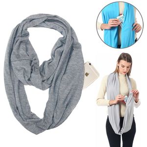 Vrouwen Solid winter Infinity Scarf Pocket lus rits zak sjaals (donkergrijs)