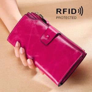 TP-192 Eerste laag van koeienhuid lange type olie wax lederen dames koppeling retro portemonnee rfid anti-diefstal dames portemonnee (rose rood)