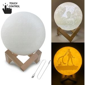 Aangepaste Touch schakelaar 2-Color 3D print maan lamp USB opladen energiebesparende LED nachtlampje met houten houder Base  diameter: 10cm