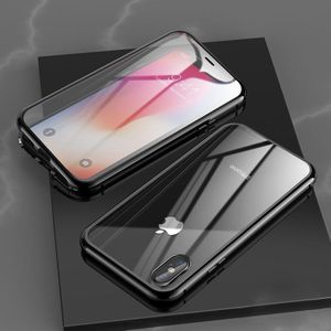 Voor iPhone X / XS Ultra Slim Double Sides Magnetic Adsorption Angular Frame Tempered Glass Magnet Flip Case (Zwart)