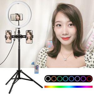 PULUZ 11 8 inch 30cm RGBW Light + 1.65m Mount + Dual Phone Brackets Curved Surface RGBW Dimable LED Ring Vlogging Light Live Broadcast Kits with Cold Shoe Tripod Adapter & Phone Clamp & Remote Control(Black)