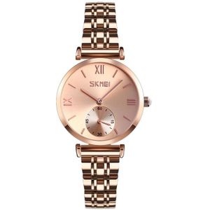 SKMEI 9198 Simple Roman Cijfer Dial Metal Riem Quartz Horloge voor Stellen (Rose Gold Women)