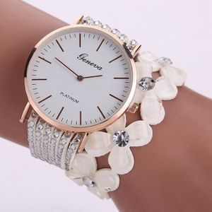 Vrouwen ronde wijzerplaat bloem diamant studs armband horloge (wit)