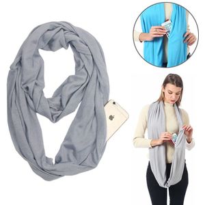 Vrouwen Solid winter Infinity Scarf Pocket lus rits zak sjaals (grijs)