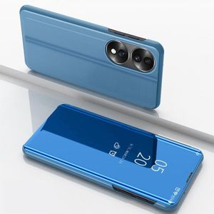Voor Honor 70 Plated Mirror Horizontal Flip Leather Phone Case met Houder (Blauw)